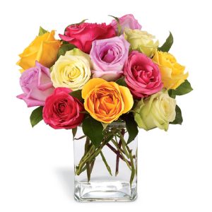 Catch someone's eye with this contemporary bouquet of one dozen assorted color roses nestled in a clear glass vase
