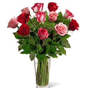 Send a message of love with style and flair. This gorgeous bouquet features one dozen beautiful long stemmed roses in red and pink hues for an unbeatable combination that says