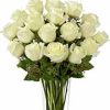 this stunning design features 18 gorgeous premium white roses arranged with fresh foliage and delivered in a tasteful glass vase. A truly beautiful expression of love