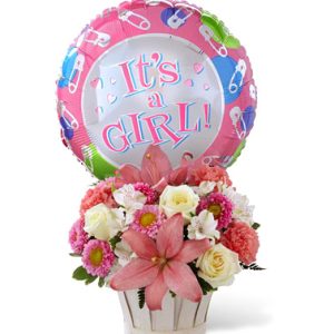 Welcome the new arrival and send your warmest congratulations with this charming new baby girl bouquet with a festive mylar balloon included. Featured flowers include roses
