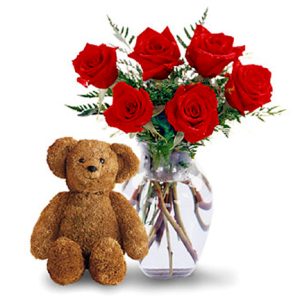 Make someone feel extra special with six beautiful red roses vased and a huggable teddy bear