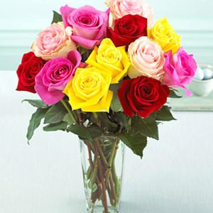 This vased bouquet features one dozen beautiful roses in a rainbow of nature's favorite colors. Great for birthdays