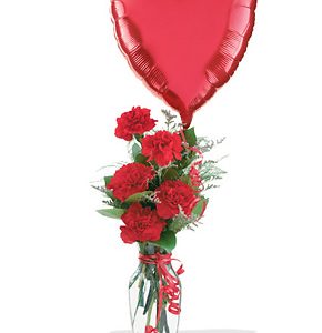 Send a lighthearted message of love with this adorable combination of ruby red carnations and a heart or 'love' mylar