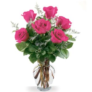 Six beautiful pink roses arranged with greens and delicate accents to express your admiration