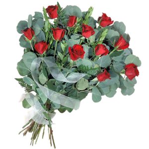One dozen beautiful roses with fresh greenery. Gift-wrapped and ready for the recipient to arrange in his or her own vase. When ordering