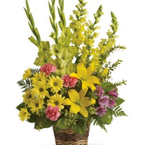 Send comfort and support with this uplifting basket of fresh garden blooms. Featured flowers include Asiatic lilies