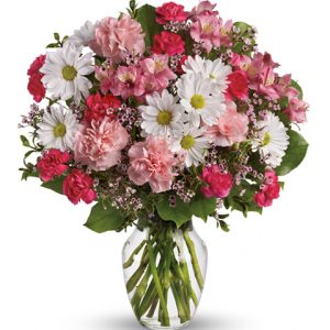 Send your thoughts and condolences with this pretty pink and white bouquet of fresh carnations