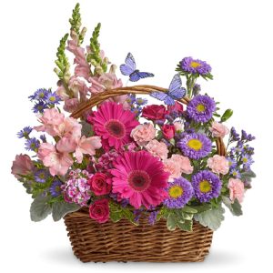 This upgraded version of our popular Basket of Blloms bouquet features spray roses