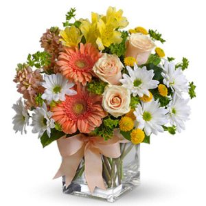 A delightful compact bouquet of pinky peach