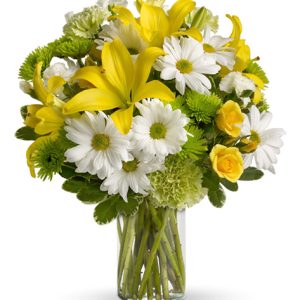 Send a little sunshine someone's way with this sunny vased bouquet of petite roses