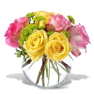 Surprise someone with this charming combination of 3 pink and 3 yellow roses with accents. A bouquet of happiness! Great for a birthday