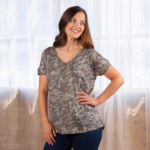 Camo Studded V-Neck Top - S