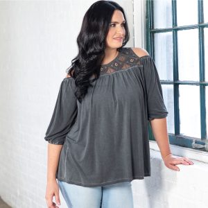 Cold Shoulder Juliet Sleeve Top - Black - S/M