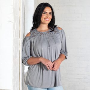 Cold Shoulder Juliet Sleeve Top - Gray - S/M