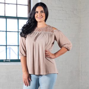 Cold Shoulder Juliet Sleeve Top - Beige - S/M