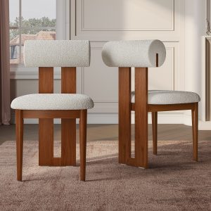 Add warmth and elegance to your dining space with the mid-century modern walnut dining chair set. Enjoy the plush comfort of the fabric upholstered seat and back