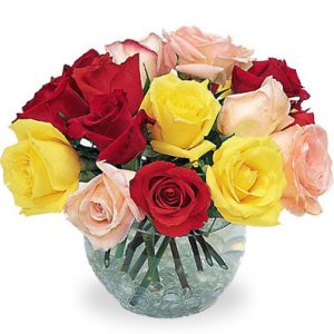 Stylish and sweet! A colorful assortment of garden-fresh rose blossoms in a compact 'nosegay' design that's great for a desk