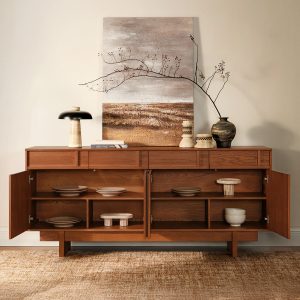 crafted from ash wood. Credenza has 4 drawers and 2 cabinets with adjustable shelves