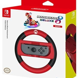 <h2>Hori Mario Kart 8 Deluxe - Mario Racing Wheel - Controller forNintendo Switch</h2><p>Officially Licensed by Nintendo. Blaze through Mario Kart 8 deluxe's exciting courses with this full-sized Premium racing wheel attachment. Simply pop your Nintendo Switch Joy-Con Controller (sold separately) into the racing wheel attachment and enjoy more realistic control and better grip. A larger sized wheel for better control