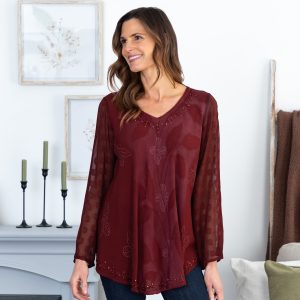 Women's Midnight Butterfly Long Sleeve Beaded Tunic Top - Scarlet - S/M