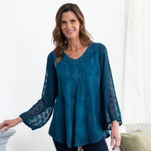 Women's Midnight Butterfly Long Sleeve Beaded Tunic Top - Ocean - S/M