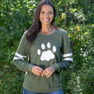 Paw Stripe Thermal Long Sleeve Top - Olive - S