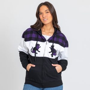 Paw Print Plaid Zip Hoodie - Purple - Cat - S