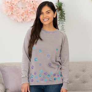 Tumbling Paws Burnout Crew Neck Sweatshirt | Fair Trade - Gray with Blue Paws - S