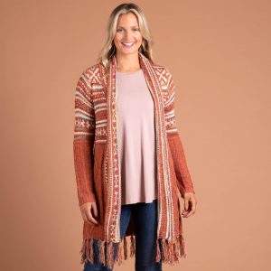 Upper Striped Duster Cardigan with Fringe - Rust - S/M
