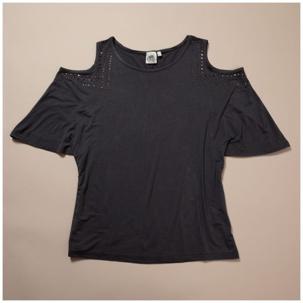 Cold Shoulder Rhinestone Top - Charcoal - S/M