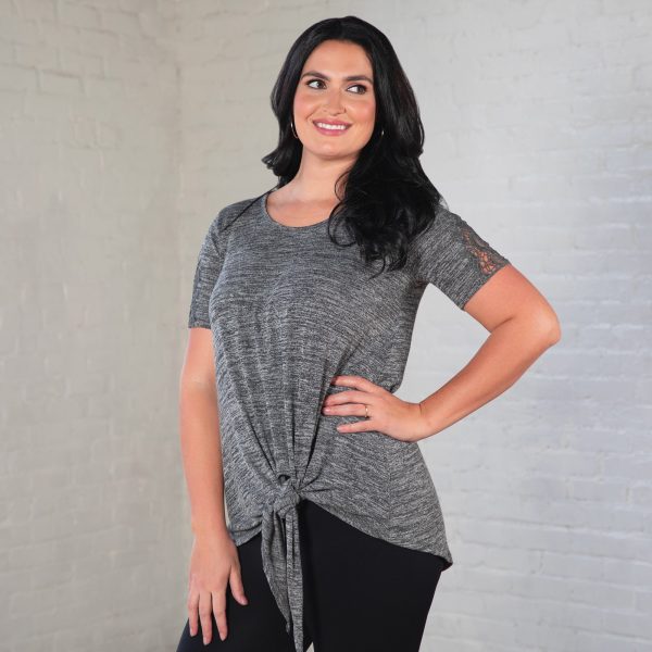 Tie Knot Lace Short Sleeve Shirt - Black - S/M