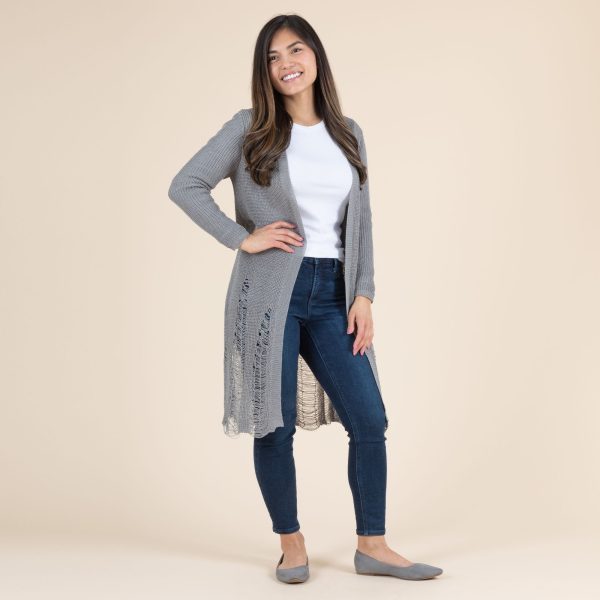 Distressed Long Cardigan - Gray - S/M