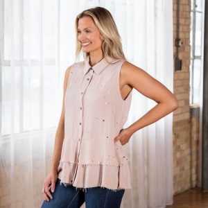 Speckled Sleeveless Button Up Peplum Top - Rose - S