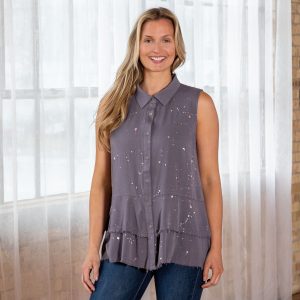 Speckled Sleeveless Button Up Peplum Top - Gray - S
