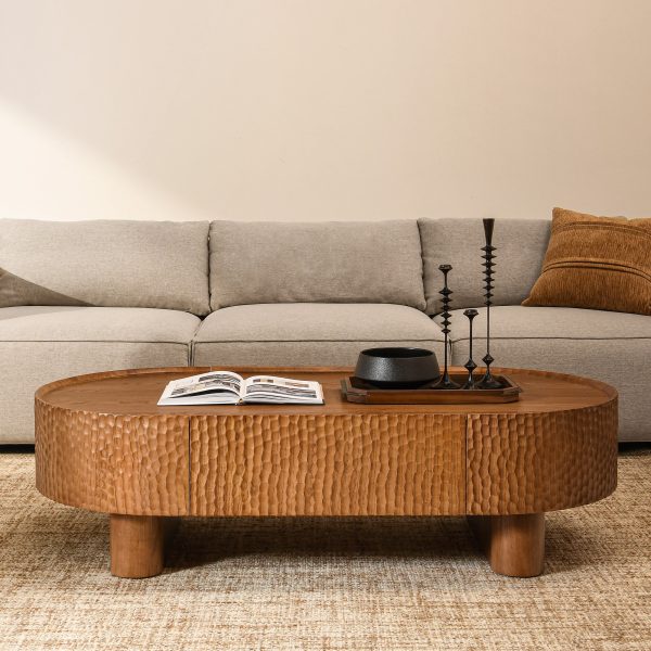 elongated silhouette and discreet drawer storage