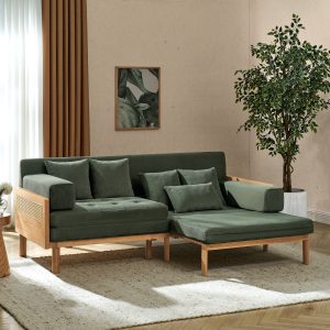 it can fit with any decoration style house. Ash solid wood frame supplies a solid base to this quality upholstered fabric piece. It features corduroy cushions and four pillows. Sofa with pull out can be easily folded up into a bed