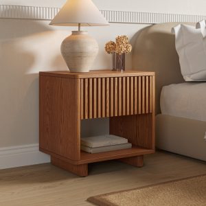 it complements any decor. The rectangular design includes an open shelf