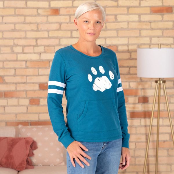 Paw Stripe Thermal Long Sleeve Top - Teal - S