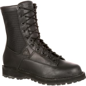 <p>These RockyÂ® Portland waterproof public service boots are a combination of full-grain polishable leather and nylon. The leather looks good and adds great durability; the 1000 denier nylon is strong to resist abrasions