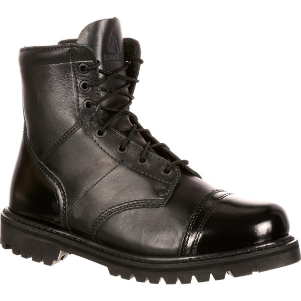This Rocky Men&apos;s Jump Boot was built with full-grain leather; its black hue looks sharp and will correspond nicely with your uniform. The polishable toe is a nice feature to have on these public service boots because it allows you to keep the footwear looking great. While these boots have a lace-up design that lets you to adjust the tightness or looseness of the fit