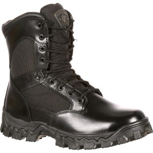 <p>These hard-wearing RockyÂ® Alpha Force Waterproof Public Service Boots are made with black full-grain leather and 1000-denier nylon fabric. These lightweight