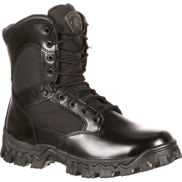 These hard-wearing RockyÂ® Alpha Force Waterproof Public Service Boots are made with black full-grain leather and 1000-denier nylon fabric. These lightweight