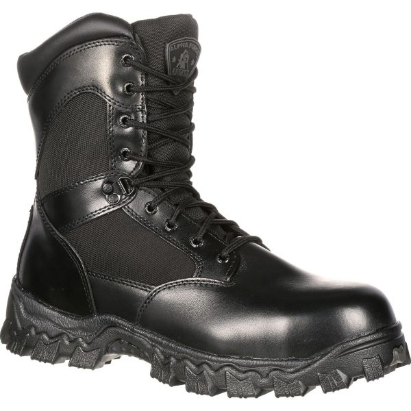 These hard-wearing RockyÂ® Alpha Force Waterproof Public Service Black Boots are made with black full-grain leather and 1000-denier nylon fabric. Rocky Alpha Force boots are tough work boots built to meet the job at hand. These lightweight