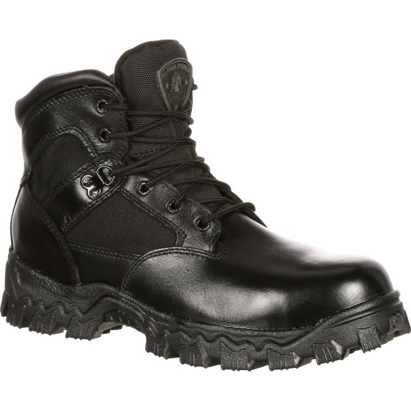 One of the key features of RockyÂ® Alpha Force Waterproof Composite Toe Public Service Boots is the non-metallic composite toe cap. These meet the highest ASTM F2413 Protective Toe footwear standards for Impact and Compression resistance. An additional feature of these public service boots is Rocky Waterproof construction. It combines a waterproof inner layer with the upper providing a barrier that helps keep water out and feet dry. The boots have a contoured removable polyurethane cushion insole providing direct underfoot cushion comfort. Some open-celled foams feel comfortable to the initial touch