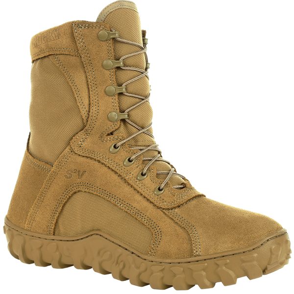 This RockyÂ® S2V coyote brown military boot offers unrivaled comfort and stands up to tough conditions. This uniform-compliant boot is approved for wear with all applicable Operational Camouflage Pattern variations. This boot goes above and beyond