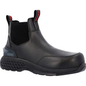 Enjoy comfort without sacrificing safety between calls with the Rocky Station Comp Toe Slip-On. Easily slip on these full grain leather boots using the pull loops on the front and back. This boot meets ASTM F2413 protective toe and electrical hazard standards. The oil and slip resisting rubber outsole will keep you safe while the Comfort Track footbed will keep you comfortable. The twin gore panels make for easy on and off