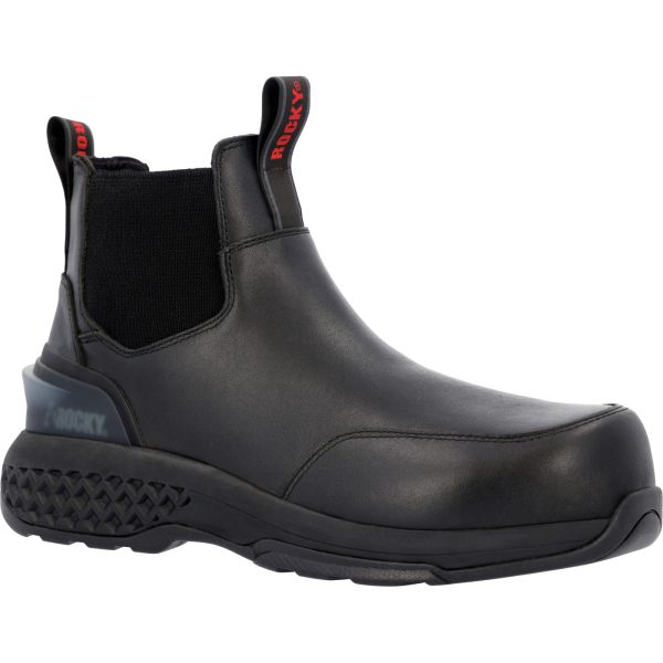 Enjoy comfort without sacrificing safety between calls with the Rocky Station Comp Toe Slip-On. Easily slip on these full grain leather boots using the pull loops on the front and back. This boot meets ASTM F2413 protective toe and electrical hazard standards. The oil and slip resisting rubber outsole will keep you safe while the Comfort Track footbed will keep you comfortable. The twin gore panels make for easy on and off