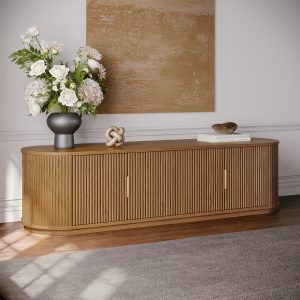 this Rolf 65" oval solid wood TV Stand offers ample storage space with adjustable shelves for all your entertainment essentials. The grid pattern doors of the media console not only add a stylish flair but also conceal clutter