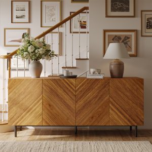 crafted with natural walnut veneer over durable plywood. Featuring four doors and adjustable shelves