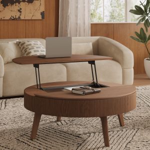 while hidden storage channels house coasters and remotes. Fluting around this table creates depth